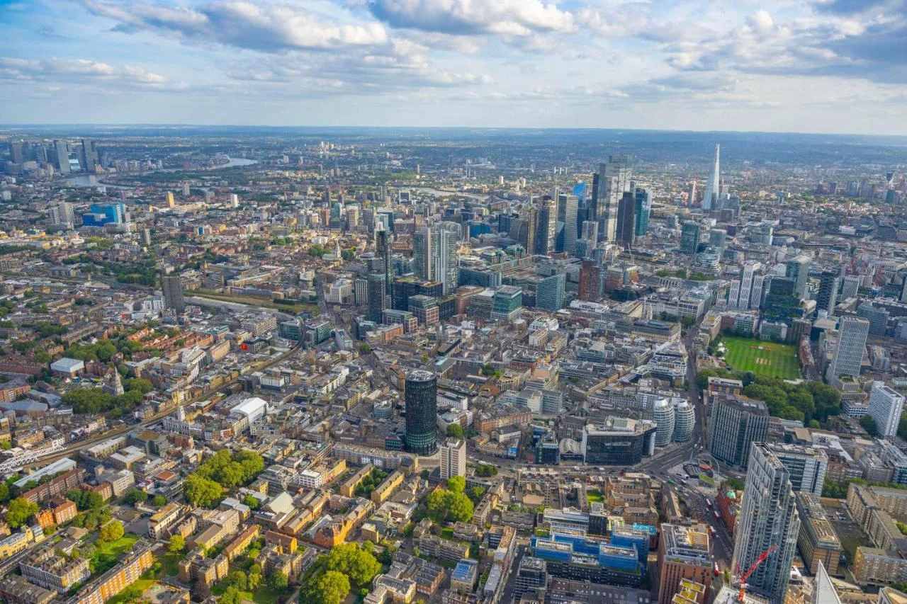 Aerial view of London's skyline near art'otel London Hoxton
